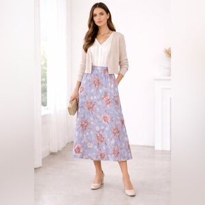 Ellison Floral Midi Skirt Blue Pink Botanical Print Lightweight Flowy Small